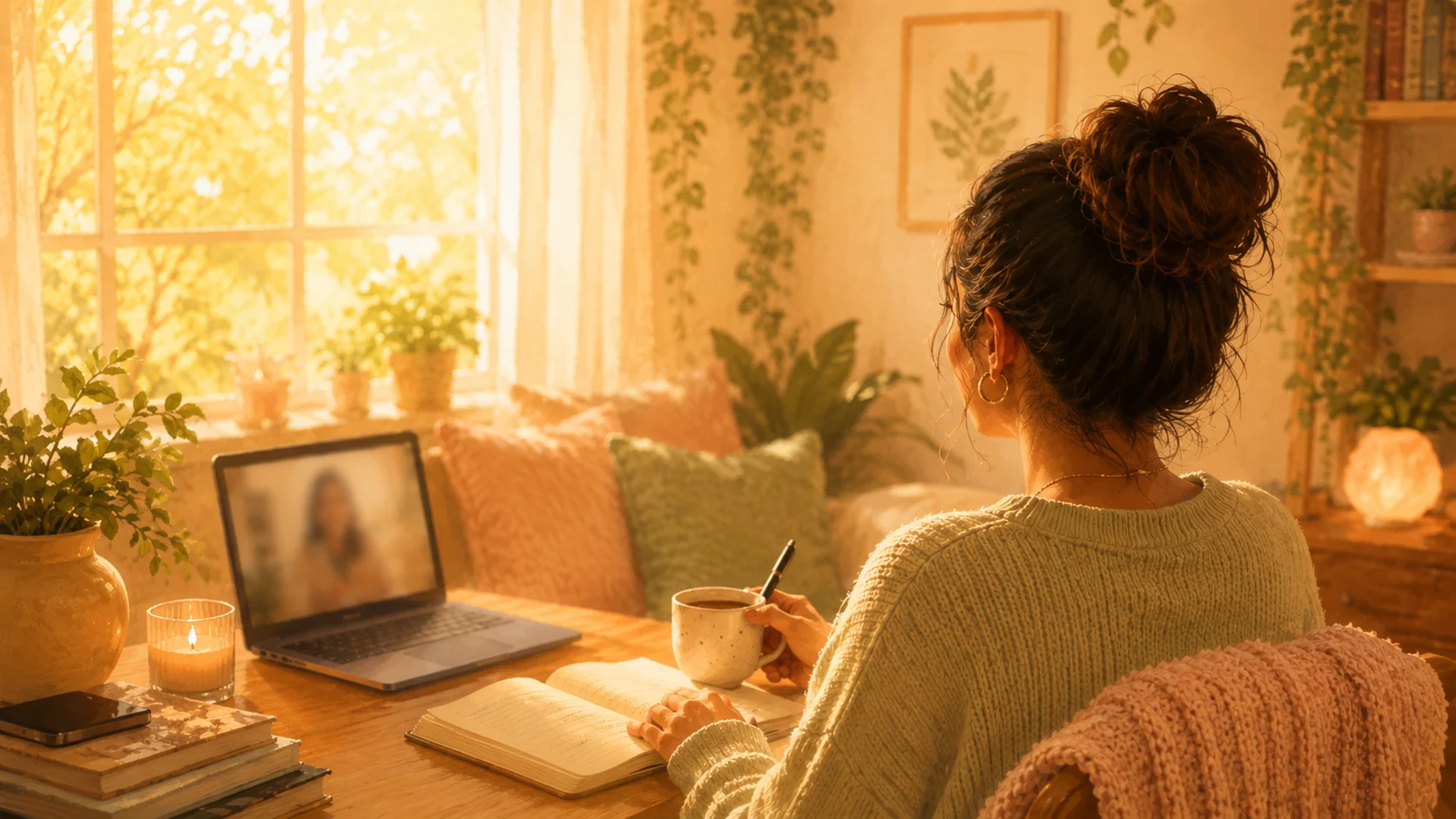 A person journalling during an online counselling session in a warm, plant-filled room.